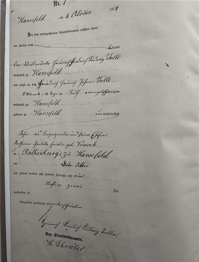 Der erste Eintrag im Sterberegister 1874.