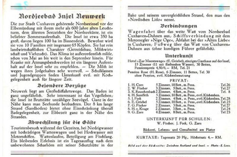 Der erste Neuwerker Prospekt von 1930: "Das Baden ist ganz ungefährlich", wurde den Touristen signalisiert. Ganz im Gegensatz zur Wattüberquerung von Duhnen aus, was ohne kundigen Führer gefährlich sei.