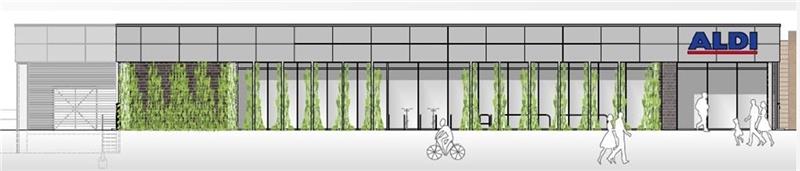 Der geplante Aldi-Markt von Süden aus gesehen: Fassadengrün soll die Wirkung des wuchtigen Gebäudes abmildern.