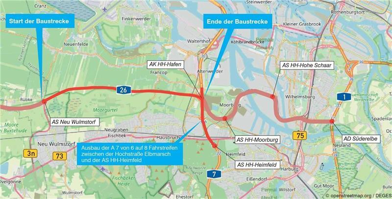 A26 West: Wann kommt der Lückenschluss nach Hamburg? Der letzte Bauabschnitt in Richtung Hamburg ist acht Kilometer lang. Gebaut wird seit 2020.