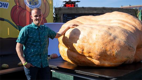 Der schwerste Kürbis bei der Kürbiswiegemeisterschaft in Klaistow von Oliver Grafe ist rund 942 Kilogramm schwer.