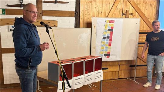 Der stellvertretende Bürgermeister Christian Bendrig (links) war die Glücksfee für die Grundstücks-Losung. Beckdorfs Bürgermeister Hendrik Klindworth koordinierte die Auswahl der ausgelosten interessierten Käufer.