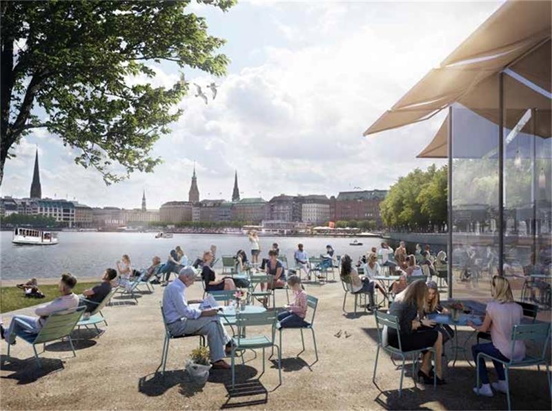 Der weitgehendste Vorschlag der Studie ist ein Restaurant/Café an der Lombardsbrücke/Ecke Esplanade, gegenüber dem Alsterpavillon. Foto: Moka – Studio GbR