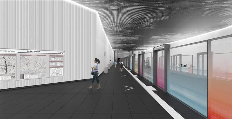 Designvorschlag des Architekturbüros Hadi Teherani: Ein Blick entlang des Bahnsteiges. Visualisierungen Hochbahn
