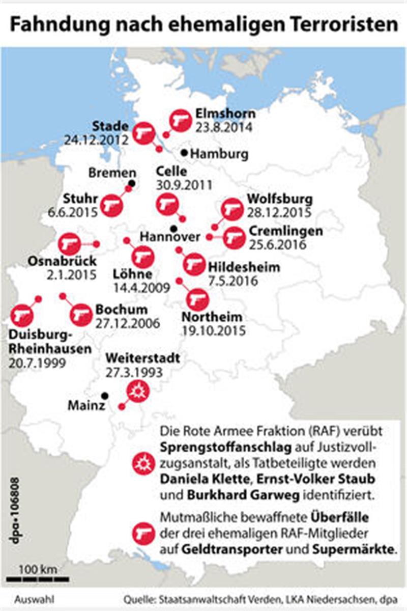 Mathe-Nachhilfe und Kekse: Was Nachbarn über RAF-Terroristin Klette sagen Deutschlandkarte mit Orten der Raubüberfälle mutmaßl. früherer RAF-Terroristen"