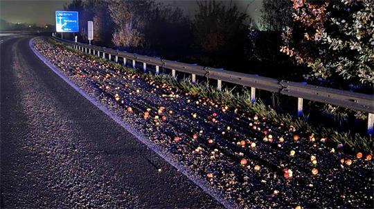 Die Äpfel verteilten sich vor allem fein säuberlich entlang des Standstreifens auf der A26.