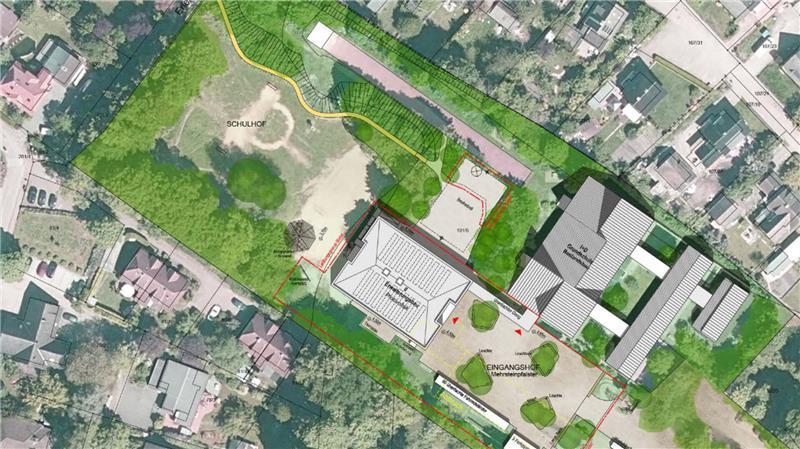 Die Anordnung der Gebäude aus der Luftperspektive: Das neue Gebäude wird frontal zum Parkplatz (Mitte) gebaut und an das Altgebäude (oben rechts) über einen Gang angebunden.