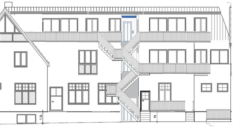 Die Ansicht des Hauses vom Hafen aus mit geplantem Fahrstuhl (Mitte) und Feuerleiter. Skizze: Frank Maier
