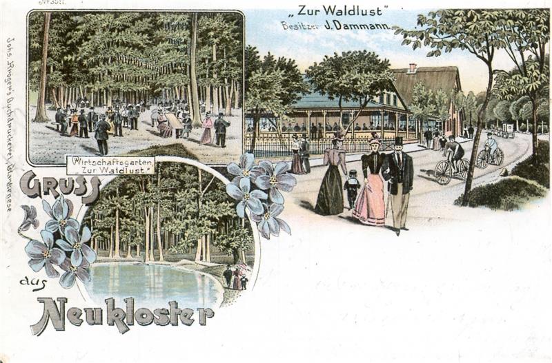Die Ansichtskarte zeigt den Vorgängerbau um 1900 . Die Gaststätte „Zur Waldlust“ in Neukloster war ein Ausflugslokal direkt am Forst. Seit der Eröffnung der Eisenbahnlinie im Jahr 1881 brummte das Geschäft.