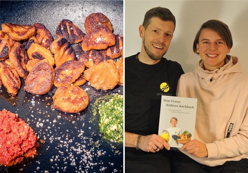 Die BSV- Handballerin Caroline Müller-Korn und ihr Ehemann Christoph haben Anfang Dezember ein Kochbuch herausgebracht. Das Besondere: Die einzelnen Rezepte sind mit Farben gekennzeichnet. Die „Grünen“ bestehen aus Lebensmitteln, die täglich gegessen werden sollten; die „Orangenen“ sind „Sättigungsbeilagen oder Proteinquellen; und die „Roten“ sollten genossen werden. Was alle verwendeten Zutaten eint: Sie sind gluten- und zuckerfrei. Die Autoren sagen, sie ernähren sich selber nach dieser Maßgabe. Fotos: Scholz /Axel Kadow (3)