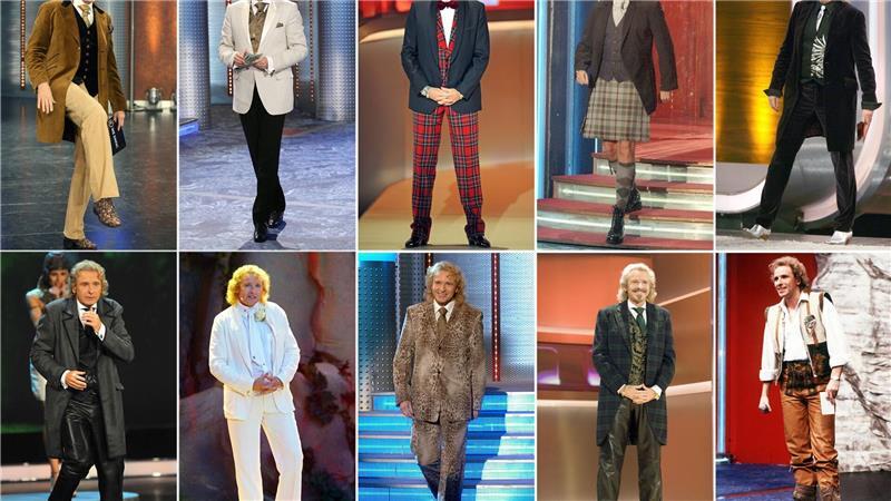 Die Bildkombo zeigt Moderator Thomas Gottschalk in verschiedenen Outfits beim Auftritt in der ZDF-Show „Wetten, dass..?“ (Archivfotos).