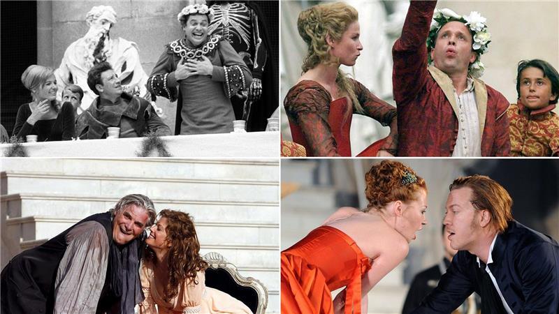 800 Mal der Tod eines Superreichen in Salzburg Die Bildkombo zeigt Probenfotos der Salzburger Festspiele von verschiedenen Schauspielern in der Rolle des Jedermann - von oben links nach rechts: 1963 Walter Reyer, 1999 Ulrich Tukur (mit Dörte Lyssewski); unten links nach rechts: 2007 Peter Simonischek (mit Marie Bäumer), 2011 Nicholas Ofczarek (mit Birgit Minichmayr).