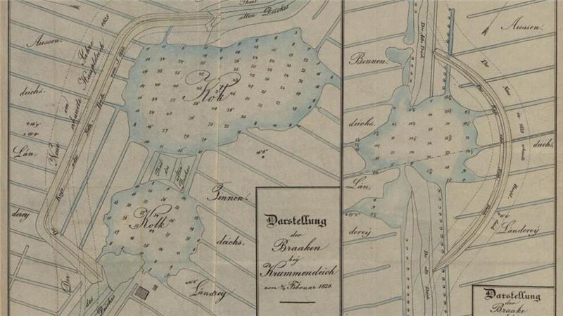 Die Braaken, Amtsdeutsch Kolk, bei Krummendeich nach der Februarflut 1825. Gut zu sehen ist, wo die Flut den "Alten Deich" zerstört hat. Die Zeichnung skizziert auch den "Noth-Deich" (rechts) um die Braake bei Allwörden.