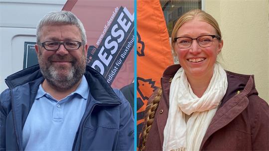 Die Bürgermeisterwahl in Buxtehude ist noch nicht entschieden: Ralf Dessel (parteilos) und Katharina Mewes (BBG/FWG) sind noch im Wahlkampf für die Stichwahl.
