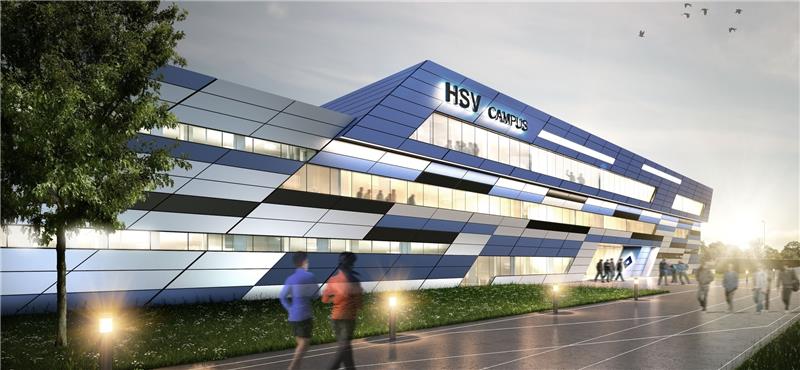 Die Computersimulation zeigt das Modell für das Nachwuchsleistungszentrum Campus des Hamburger SV . Knapp ein Jahr nach Baubeginn wird nun auf der Baustelle Richtfest gefeiert. Foto ECE/HSV Fußball AG/dpa
