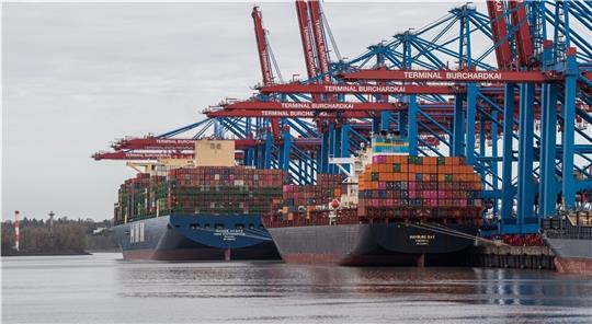 Die Containerschiffe „Hamburg Bay“ (rechts) und „HMM Southhampton“ liegen am Container Terminal Burchardkai (CTB). Foto: Reinhardt/dpa