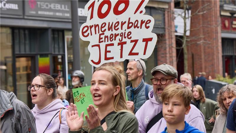 Die Demonstrierenden fordern den weiteren Ausbau von erneuerbaren Energien - vor allem angesichts der aktuellen politischen Lage. 