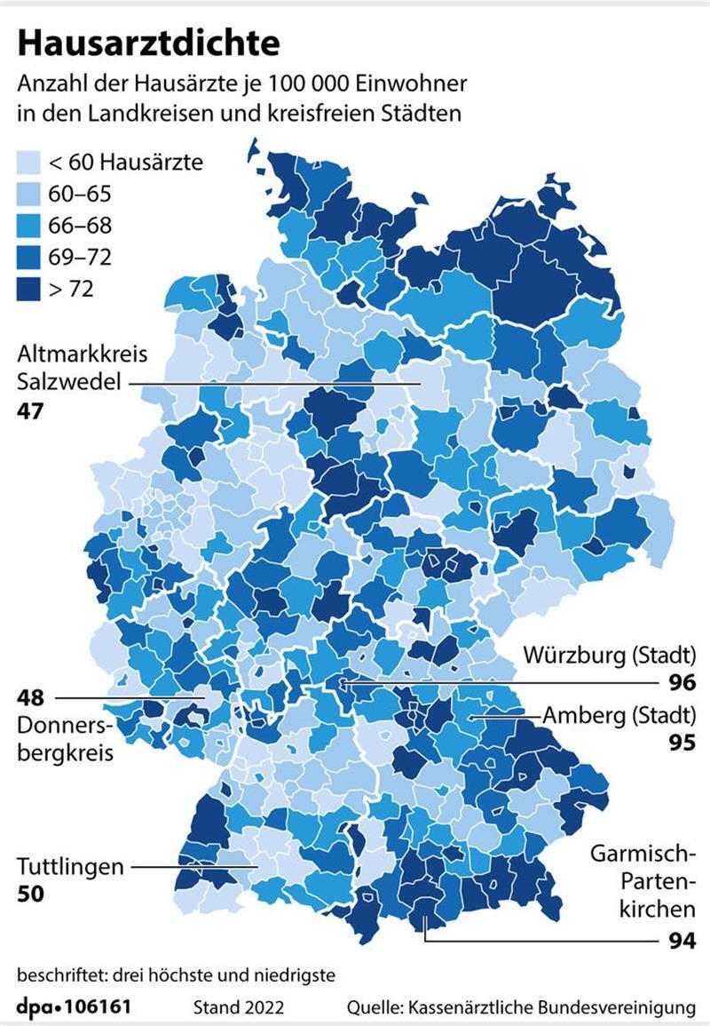 Die Deutschlandkarte zeigt, dass es in den Städten mehr Ärzte als auf dem Land gibt.