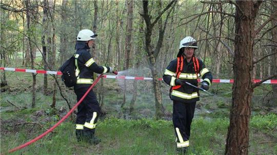 Die Einsatzkräfte bei der Brandbekämpfung mittels D-Strahlrohr und Waldbrandrucksack.