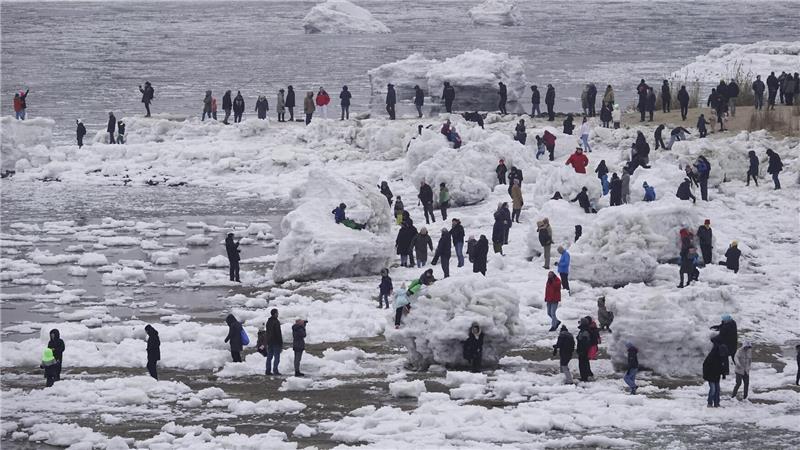 Zahlreiche Menschen gehen zwischen großen und kleinen Eisschollen an der Elbe bei Geesthacht. 