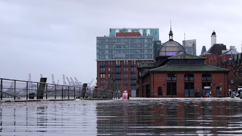 Die Elbe schwappt auf den Parkplatz an der Fischauktionshalle.