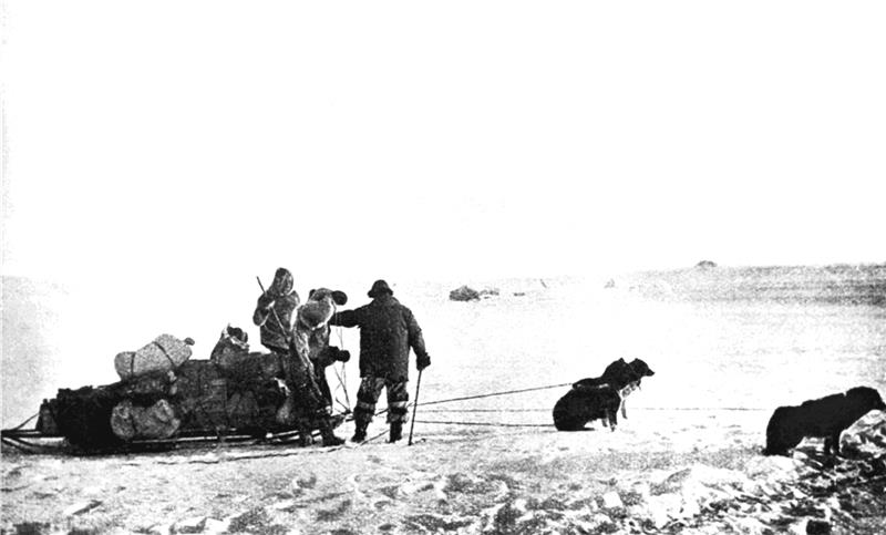 Die Expedition des norwegischen Polarforschers Roald Amundsen 1911 auf dem Weg zum Südpol. Archivfoto: dpa