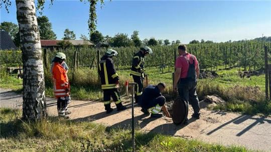 Vier Feuerwehrleute stehen um ein Loch neben einer Obstplantage herum.