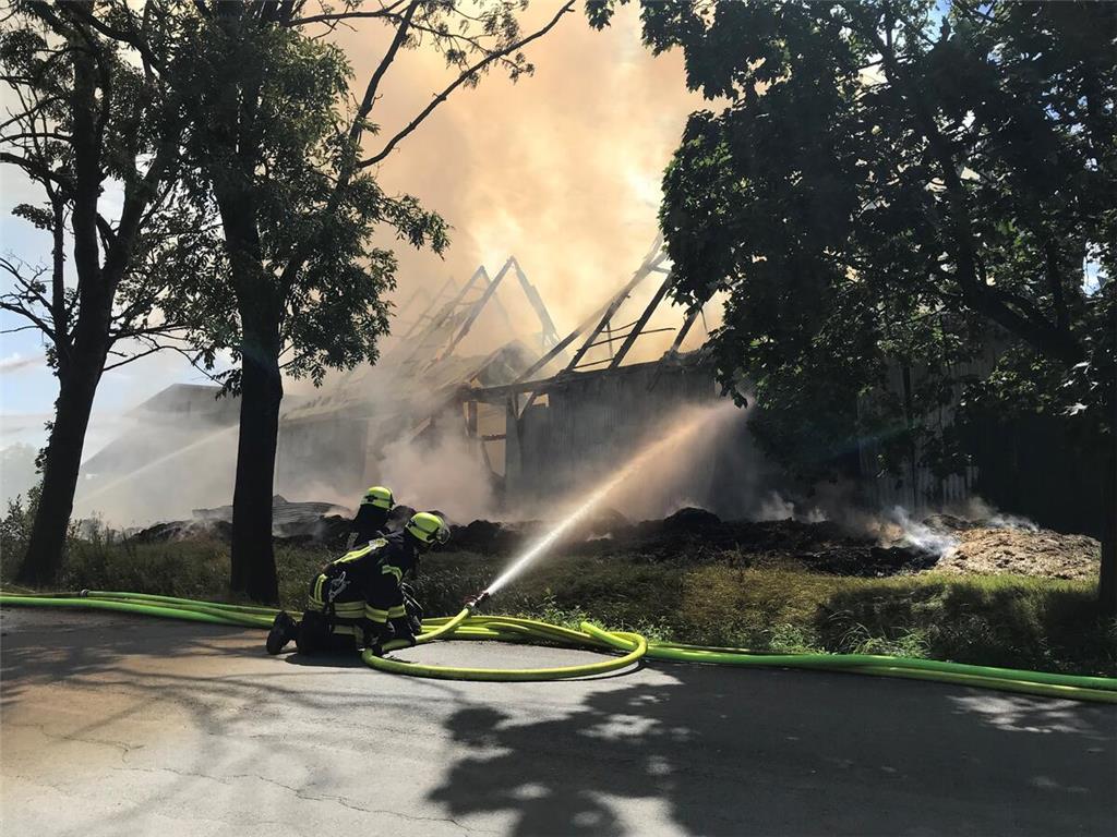 Die Feuerwehrleute versuchen, mit viel Wasser das Feuer zu löschen.