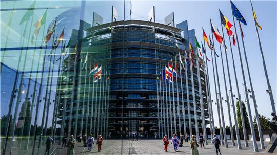Die Flaggen der Europäischen Union und ihrer Mitgliedsstaaten wehen vor dem Europäischen Parlament. 
