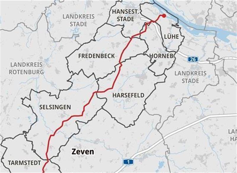 Die Flüssigerdgasleitung soll von der Elbe bei Grünendeich quer duch den Landkreis Stade bis nach Achim führen.