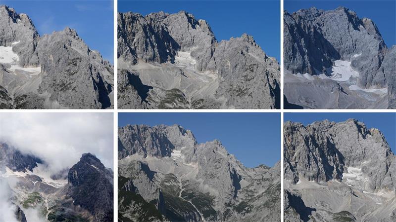 Deutschland 2026: Wie unser Land in der Klimakrise aussieht Die Fotos zeigen die Reste des Gletschers Höllentalferner - 2021 (oben links), 2022 (oben Mitte), 2023 (oben rechts), 2024 (unten links), 2025 (unten Mitte) und 2026 (unten rechts).