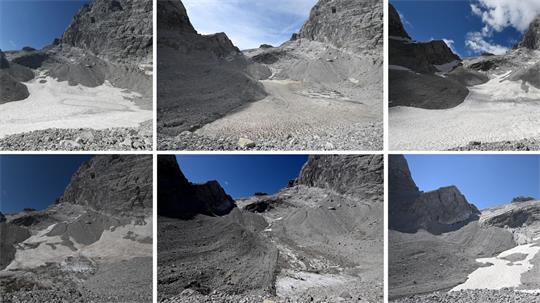 Die Fotos zeigen die Reste des Watzmanngletschers auf 2060 Metern - 2021 (oben links), 2022 (oben Mitte), 2023 (oben rechts), 2024 (unten links), 2025 (unten Mitte) und 2026 (unten rechts).