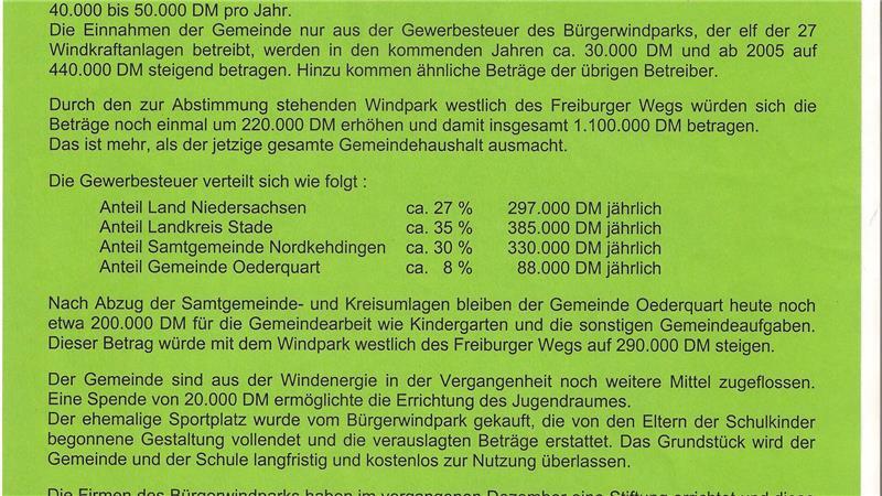 Die Gemeinde Oederquart warb im Jahr 2001 für die Akzeptanz der Windkraftanlagen.
