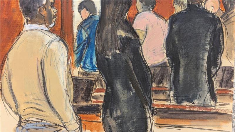 Die Gerichtszeichnung stellt Sean „Diddy“ Combs am 1.7. mit seinem Verteidigungsteam dar, wie er zusieht, wie die Geschworenen den Gerichtssaal verlassen. 