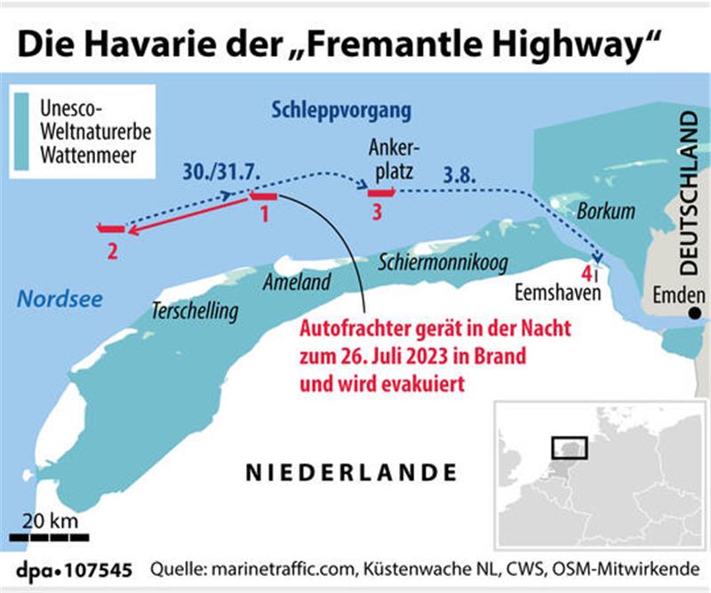 Ein Jahr nach dem Feuer: Noch viele Fragen rund um „Fremantle Highway“ Die Grafik zeigt, auf welcher Route die „Fremantle Highway“ nach Eemshaven gebracht wurde.