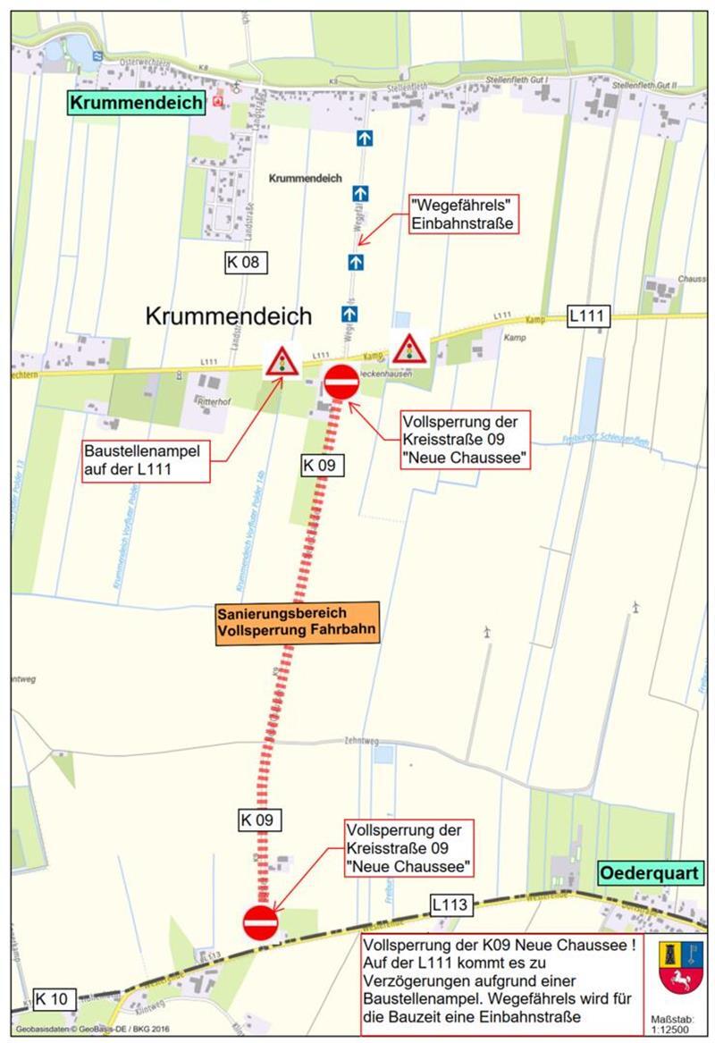 K9 zwischen Krummendeich und Oederquart gesperrt Die Grafik zeigt den Bereich, in dem die Baustelle geplant ist.