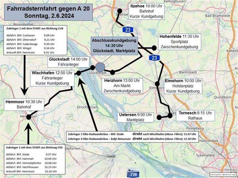 A20-Protest mit Fahrrad-Sternfahrt über die Elbe nach Glückstadt Die Grafik zeigt die Abfahrzeiten für die Sternfahrt nach Glückstadt. Damit wollen die Radelnden gegen den Weiterbau der A 20 protestieren.
