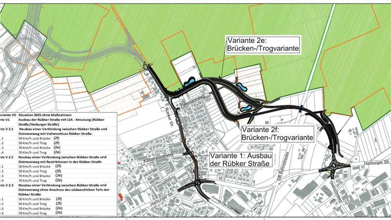 A26-Zubringer: So geht es beim Ausbau der Rübker Straße weiter Die Grafik zeigt drei mögliche Trassen als Zubringer zur A26-Anschlussstelle Buxtehude. Erst wenn die Variante 1 (Rübker Straße) komplett vom Tisch ist, könnten die beiden anderen Varianten in Betracht kommen.
