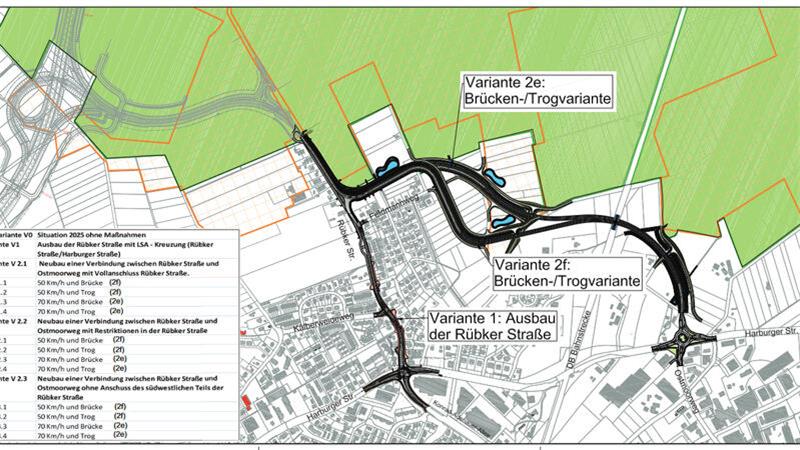 A26-Zubringer: Viele offene Fragen und einige Antworten zum Urteil Die Grafik zeigt drei mögliche Trassen als Zubringer zur A-26-Anschlussstelle Buxtehude. Erst wenn die Variante 1 (Rübker Straße) komplett vom Tisch ist, könnten die beiden anderen Varianten in Betracht kommen.