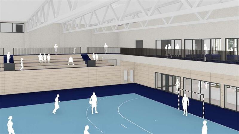 Die Grafik zeigt einen Teil der großen Dreifeld-Halle in der neuen Halle Nord. Die Tribünen können an beiden Seiten ausgefahren werden, um auf 1500 Plätze zu kommen.