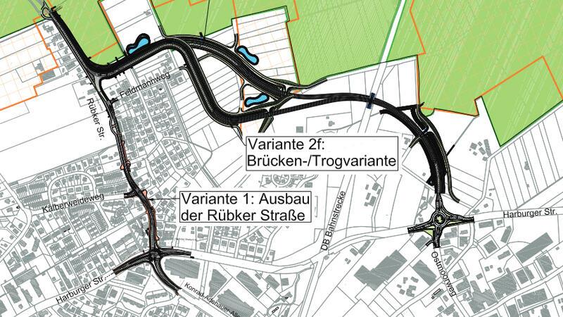 Geister-A26-Anschlussstelle Buxtehude: So geht es mit der Rübker Straße weiter Die Grafik zeigt mögliche Trassen als Zubringer zur A-26-Anschlussstelle Buxtehude. Erst wenn die Variante 1 (Rübker Straße) komplett vom Tisch ist, könnten die beiden anderen Varianten in Betracht kommen.