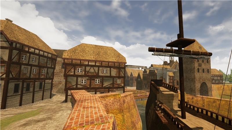 Per Joystick durch das historische Stade Die Hansestadt Stade um das Jahr 1620 : Blick auf Baumhaus und Eingang zum Hafen in der VR-Applikation. Visualisierung: Schwedenspeicher/HCU