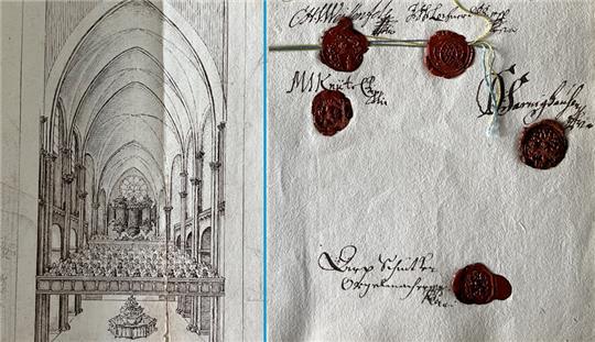 Die Historikerin Dr. Beate-Christine Fiedler entdeckte den Vertrag mit dem „Orgelmacher“ Arp Schnitger (Bild rechts) vom 5. Mai 1693. (Rep. 5a Nr. 4860). In den schwedischen Regierungsakten liegt die Modellskizze der Orgelempore im Bremer Dom, ein bedeutender Fund für die Musikgeschichte (links). Fotos: Vasel