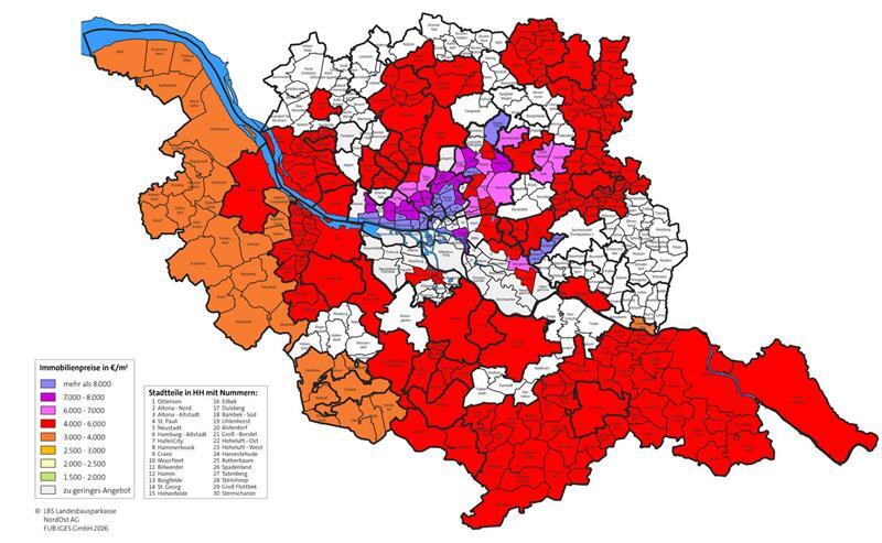 Die Karte aus dem LBS-Immobilienatlas 2026 zeigt die Preise für neu gebaute Eigentumswohnungen in Hamburg und Umland.