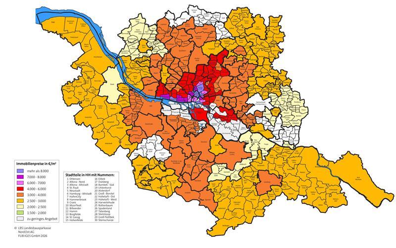 Die Karte aus dem LBS-Immobilienatlas 2026 zeigt die Preise für gebrauchte Eigentumswohnungen in Hamburg und Umland.