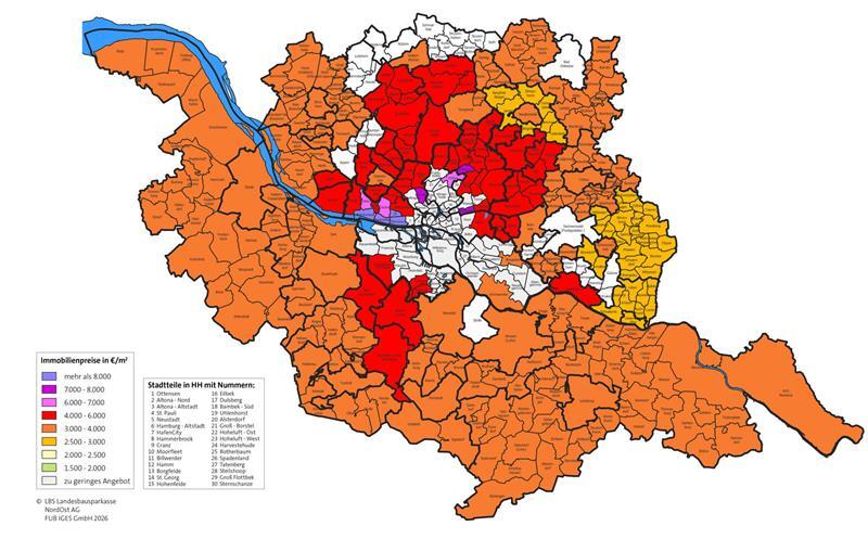 Die Karte aus dem LBS-Immobilienatlas 2026 zeigt die Preise für neu gebaute Einfamilien- und Zweifamilienhäuser in Hamburg und Umland.