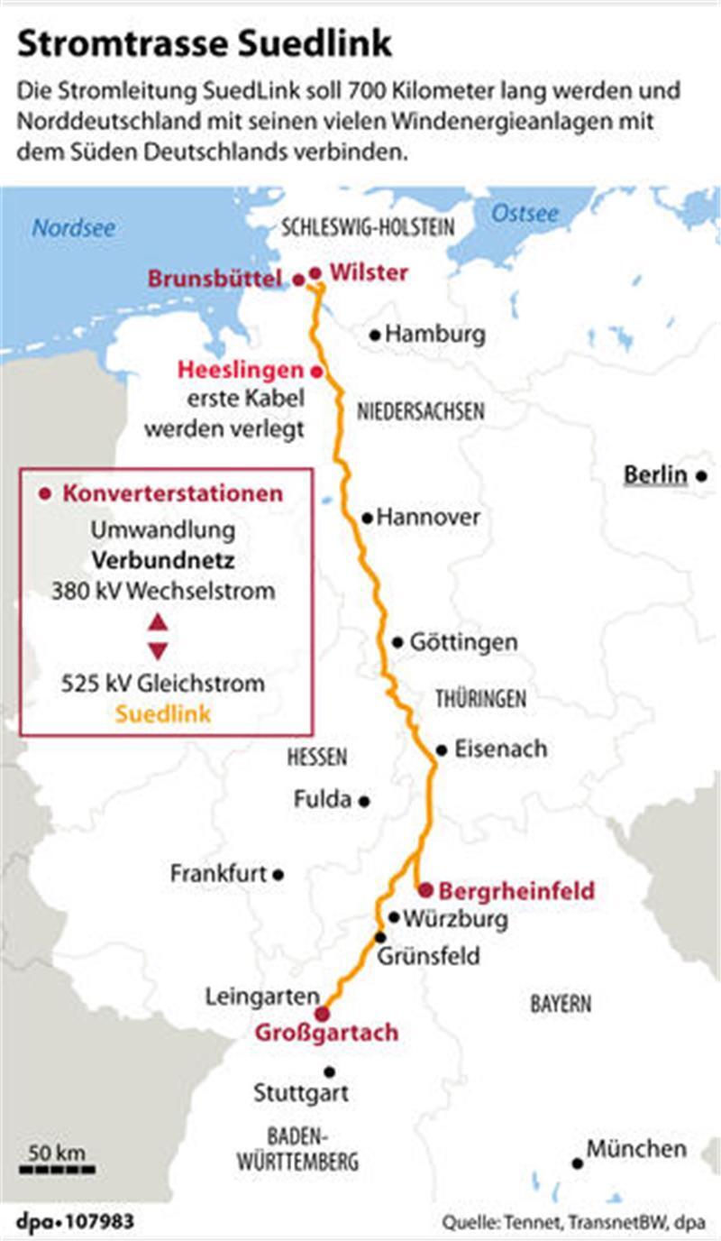 Die Karte veranschaulicht den Trassenverlauf des Suedlink-Kabels zwischen Schleswig-Holstein und Baden-Württemberg.