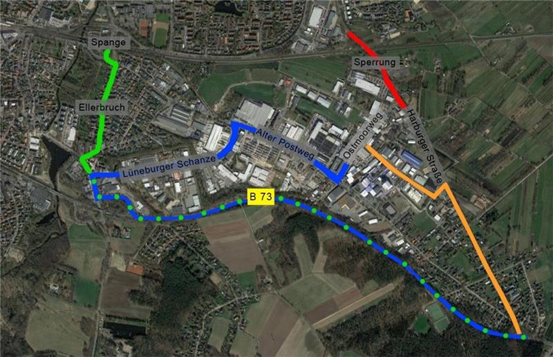 Die Karte zeigt Umleitungsstrecken für die ab Montag gesperrte Harburger Straße. Grafik: Battmer