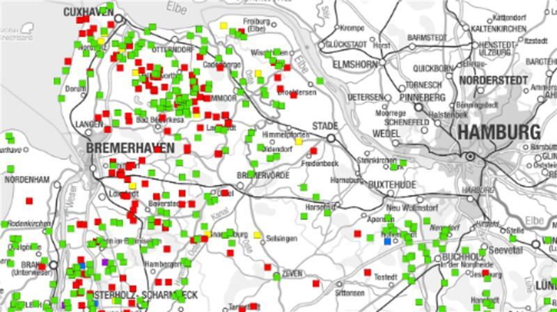 Die Karte zeigt alle Nutztierrisse seit der Rückkehr der Wölfe nach Niedersachsen. Grüne Vierecke stehen für Schafe, rote für Rinder, gelbe für Pferde und blaue für Gatterwild.