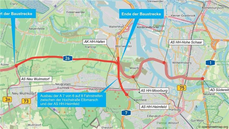 A26-Lückenschluss: Fast eine Milliarde Euro für die Autobahn nach Hamburg Die Karte zeigt den A26-Abschnitt zwischen Neu Wulmstorf und dem neuen Autobahnkreuz. Auch die A26 Ost ist verzeichnet.